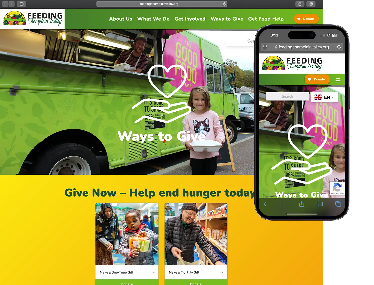 Website design for Feeding Champlain Valley - alt view.