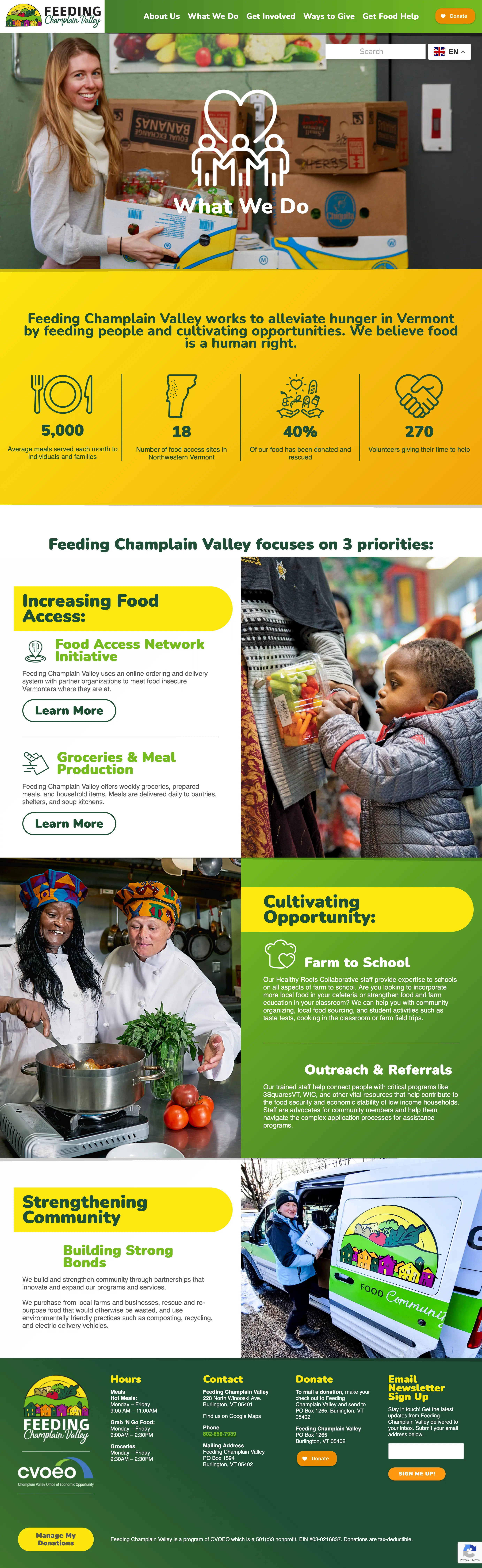 Website design and website development for Feeding Champlain Valley - secondary page view.