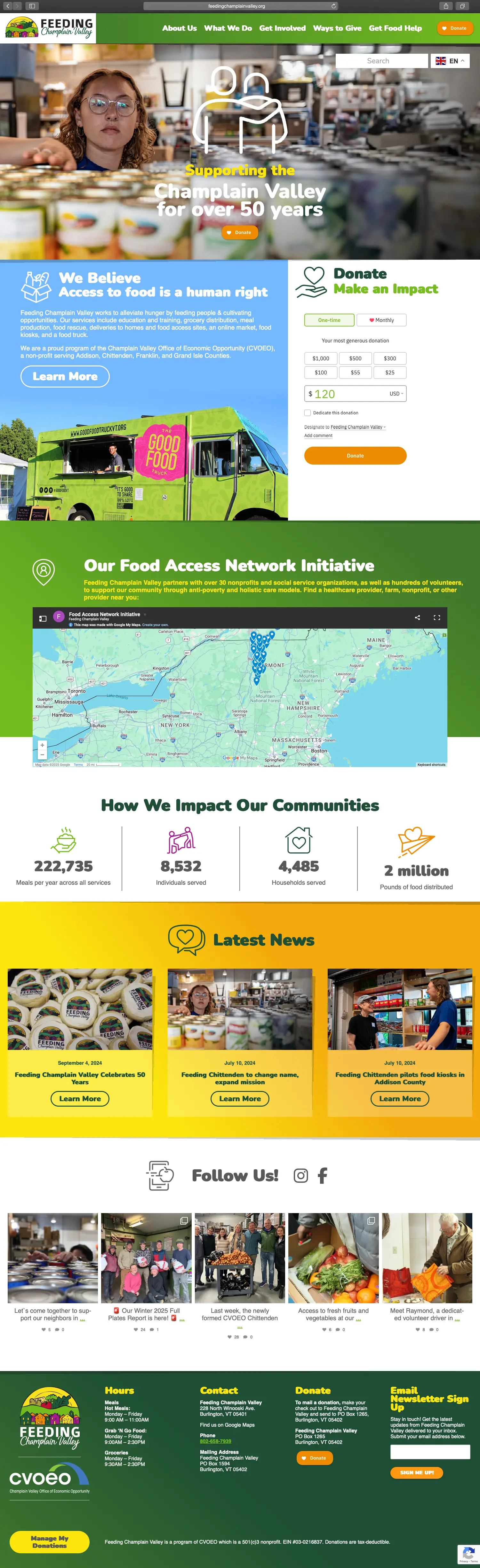 Website design and website development for Feeding Champlain Valley - homepage view.