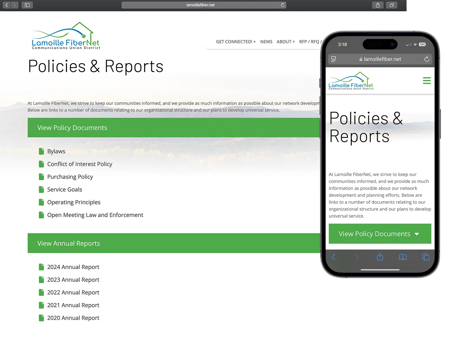 Website design for Lamoille FiberNet - alt view.