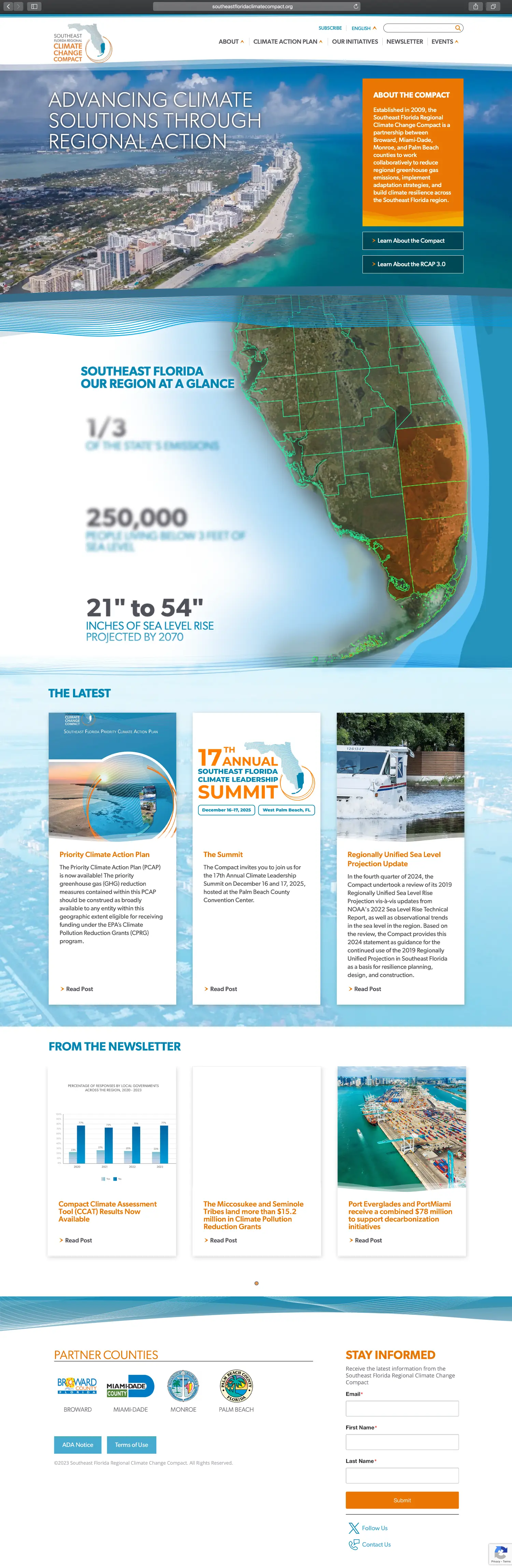 Website design and website development for The Southeast Florida Regional Climate Change Compact - homepage view.