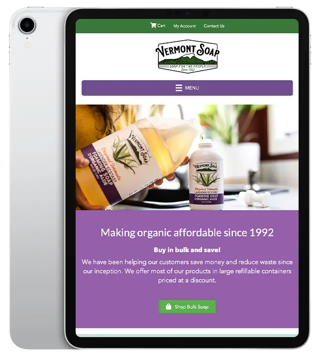 Website design for Vermont Soap - ipad view.
