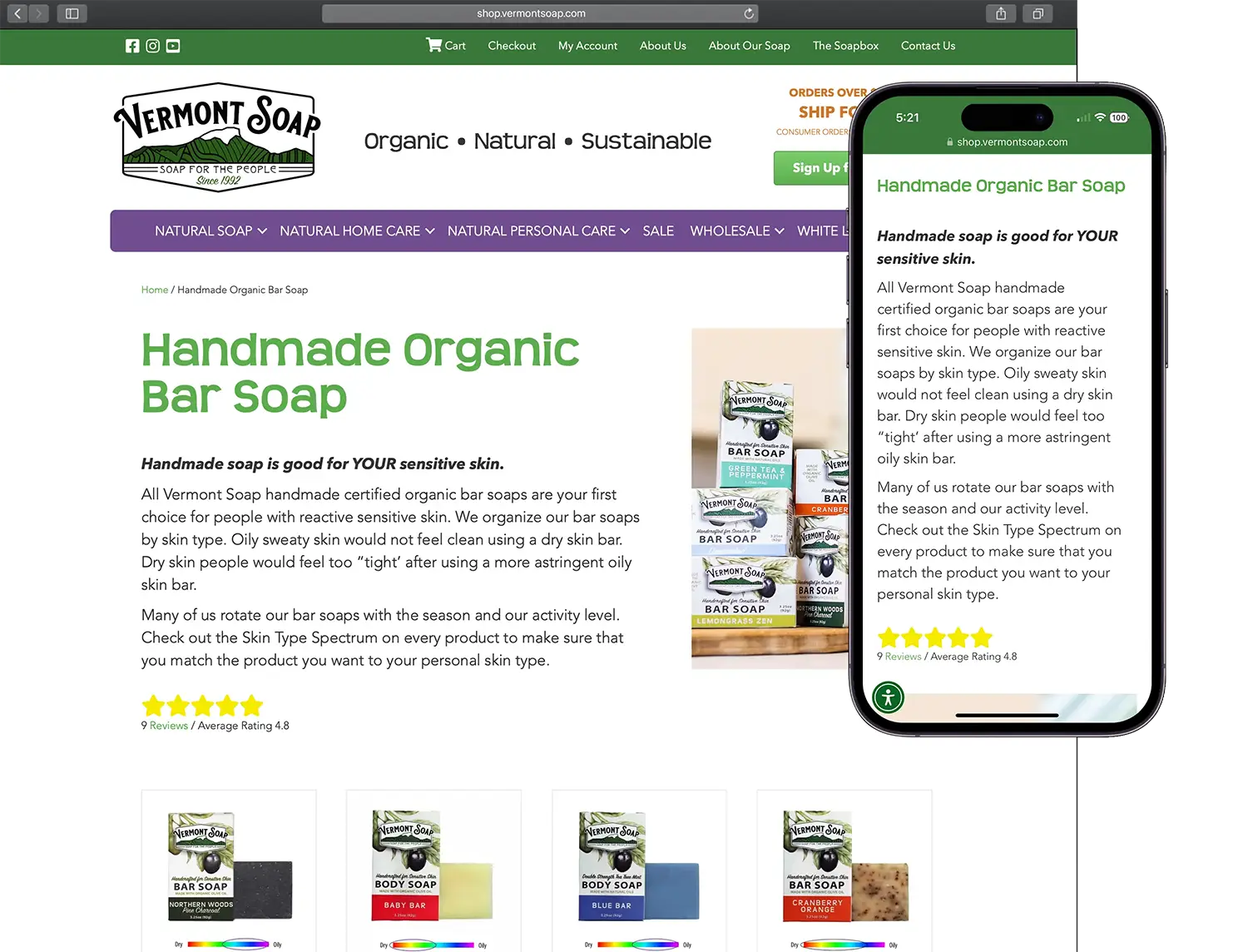 Website design for Vermont Soap - alt view.