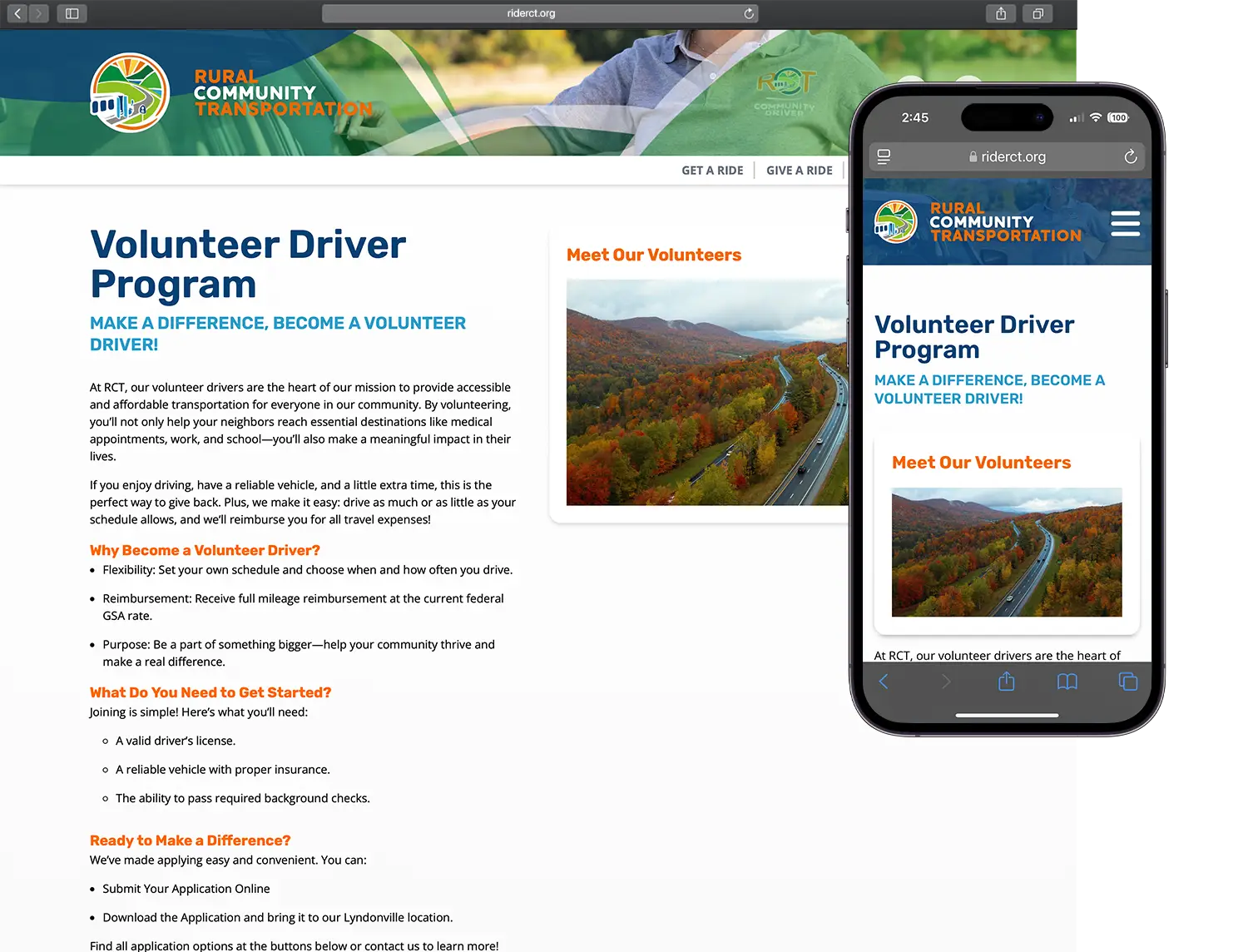 Website design for Rural Community Transportation - alt view.