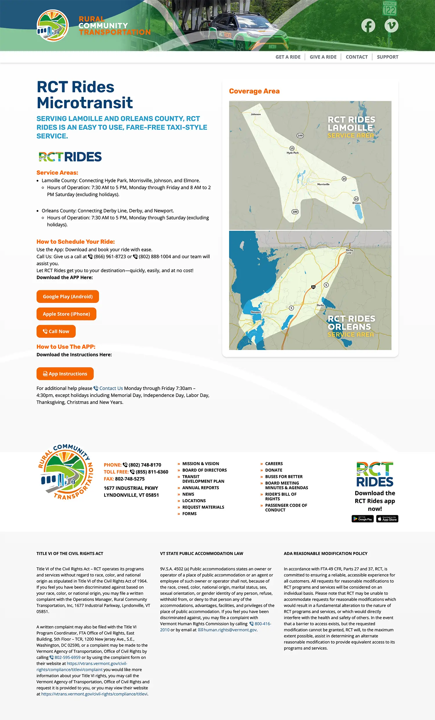 Website design and website development for Rural Community Transportation - secondary page view.
