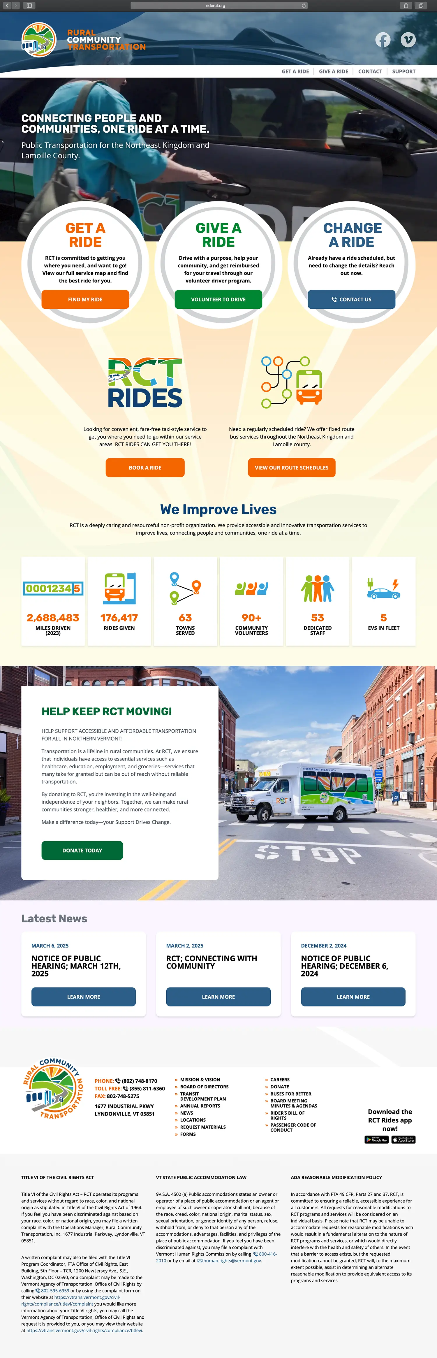 Website design and website development for Rural Community Transportation - homepage view.