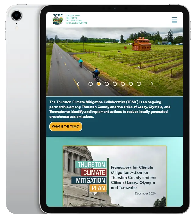 Website design for The Thurston Climate Mitigation Collaborative - ipad view.