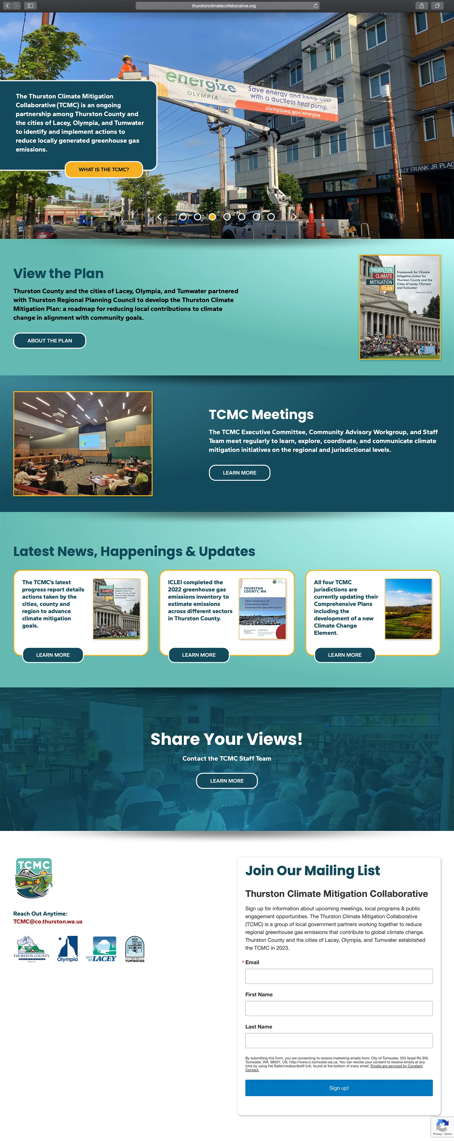 Website design and website development for The Thurston Climate Mitigation Collaborative - homepage view.