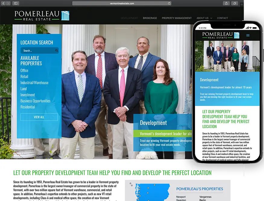 Website development for Pomerleau Real Estate - desktop and mobile view.