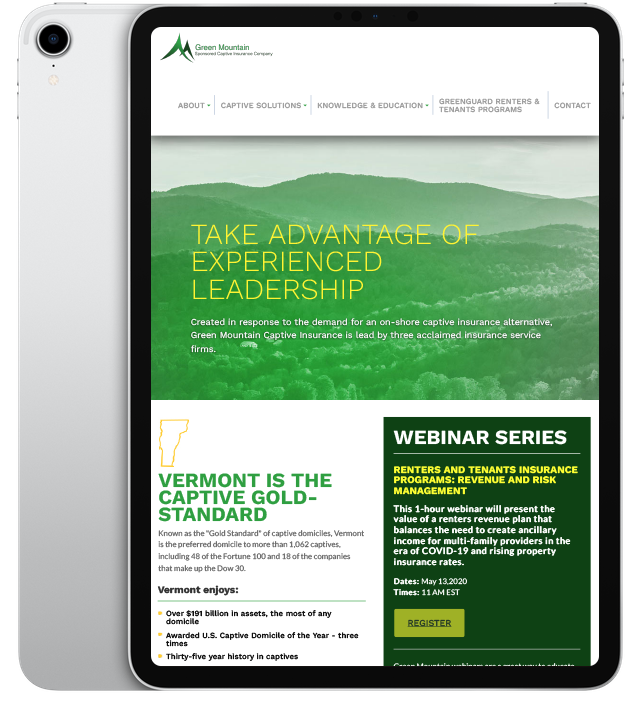 Website design for Green Mt. Captive - ipad view.