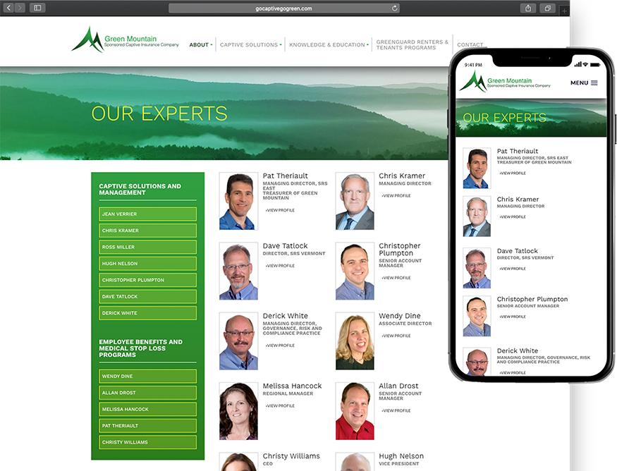 Website development for Green Mt. Captive - desktop and mobile view.