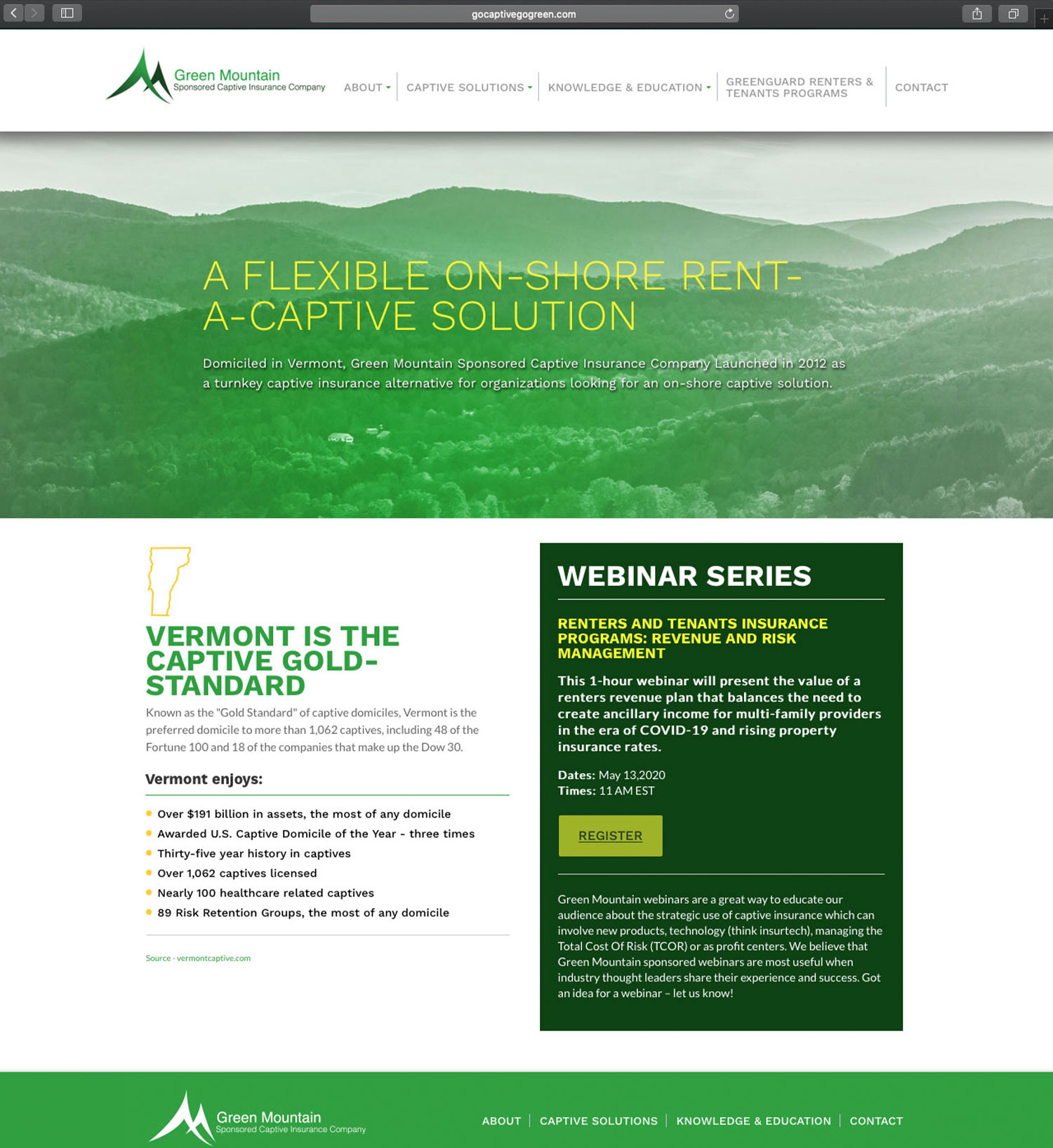 Website design and website development for Green Mt. Captive - homepage view.