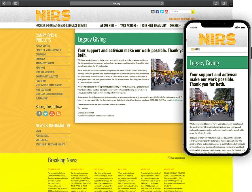 Website development for N.I.R.S. - desktop and mobile view.