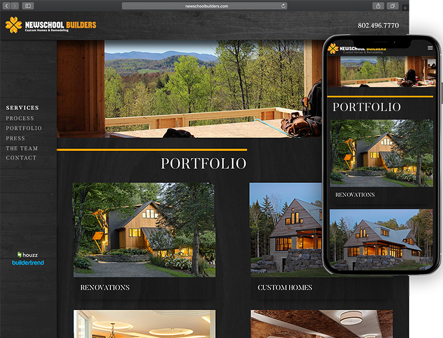 Website development for New School Builders - desktop and mobile view.