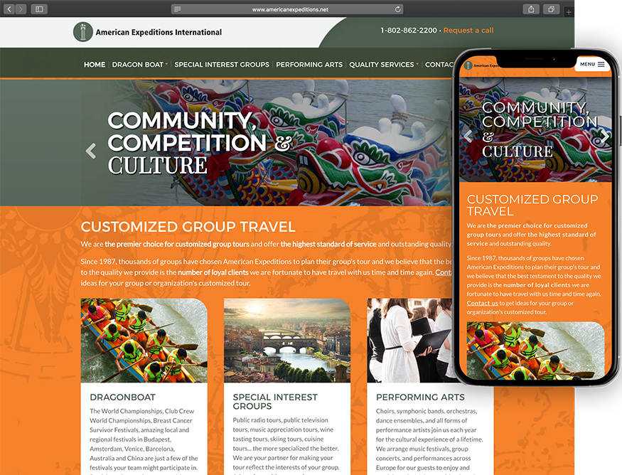Website development for American Expeditions - desktop and mobile view.