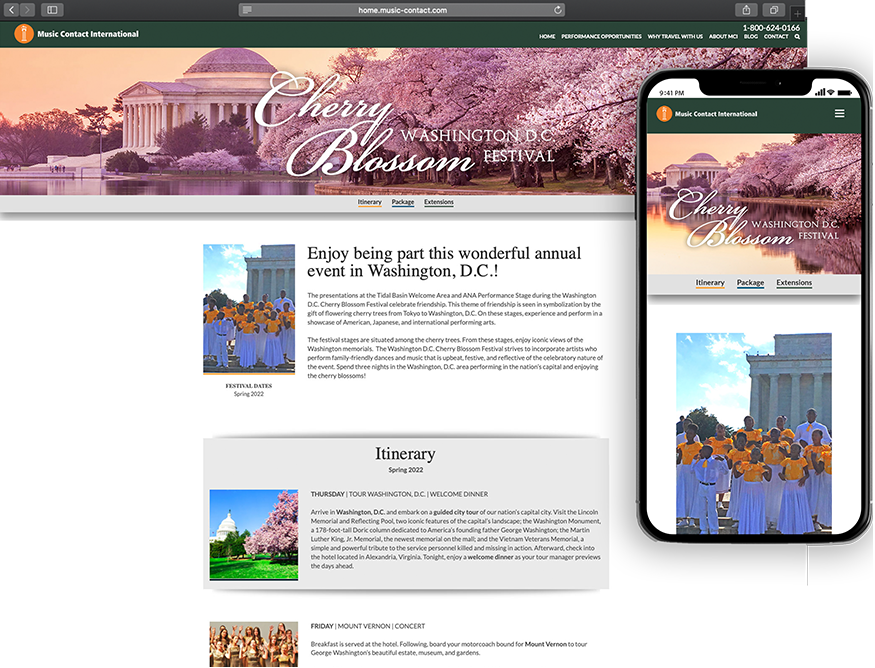 Website development for Music Contact International - desktop and mobile view.
