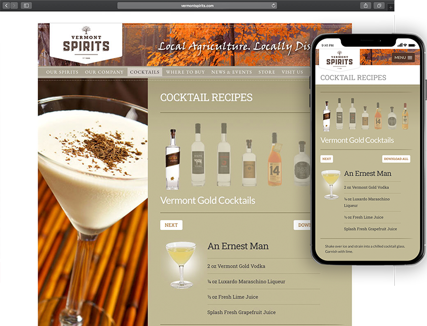 Website development for Vermont Spirits - desktop and mobile view.