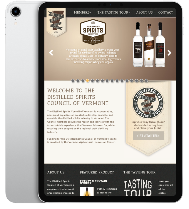 Website design for Distilled Spirits Council of Vermont - ipad view.
