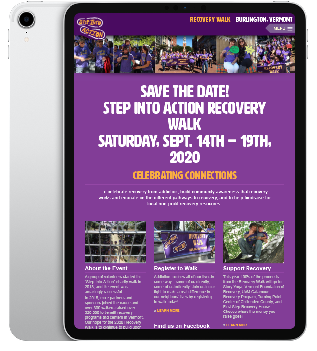 Website design for Step Into Action Recovery Walk - ipad view.