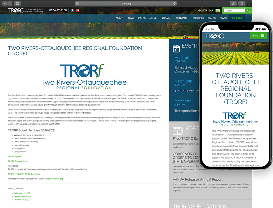 Website development for T.R.O.R.C. - desktop and mobile view.