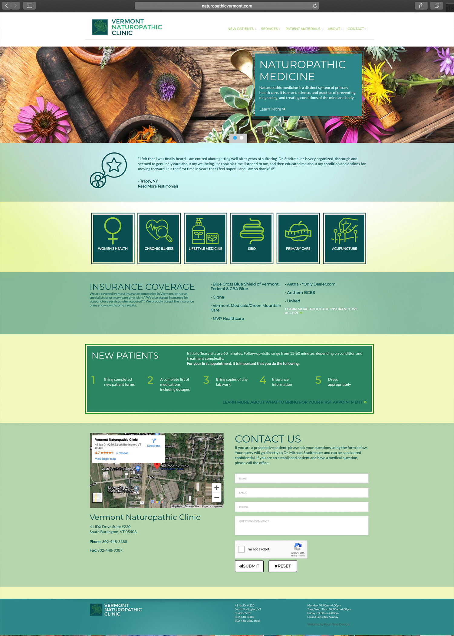 Website design and website development for Vermont Naturopathic Clinic - homepage view.
