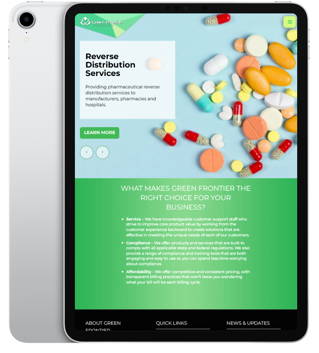 Website design for Green Frontier - ipad view.