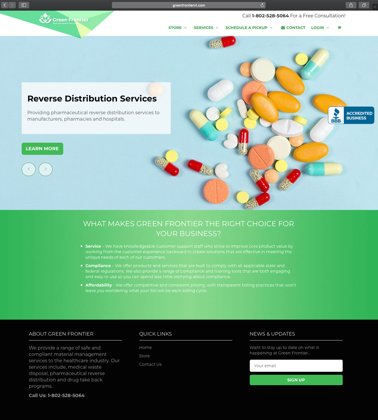 Website design and website development for Green Frontier - homepage view.