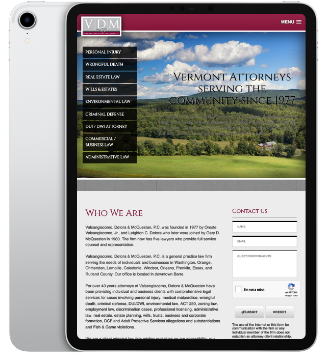 Website design for VDM Law - ipad view.