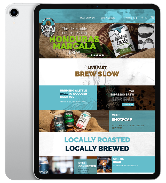 Website design for Snowcap Coldbrew - ipad view.