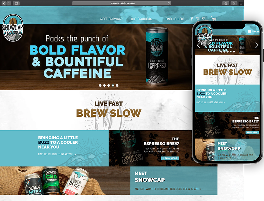 Website development for Snowcap Coldbrew - desktop and mobile view.