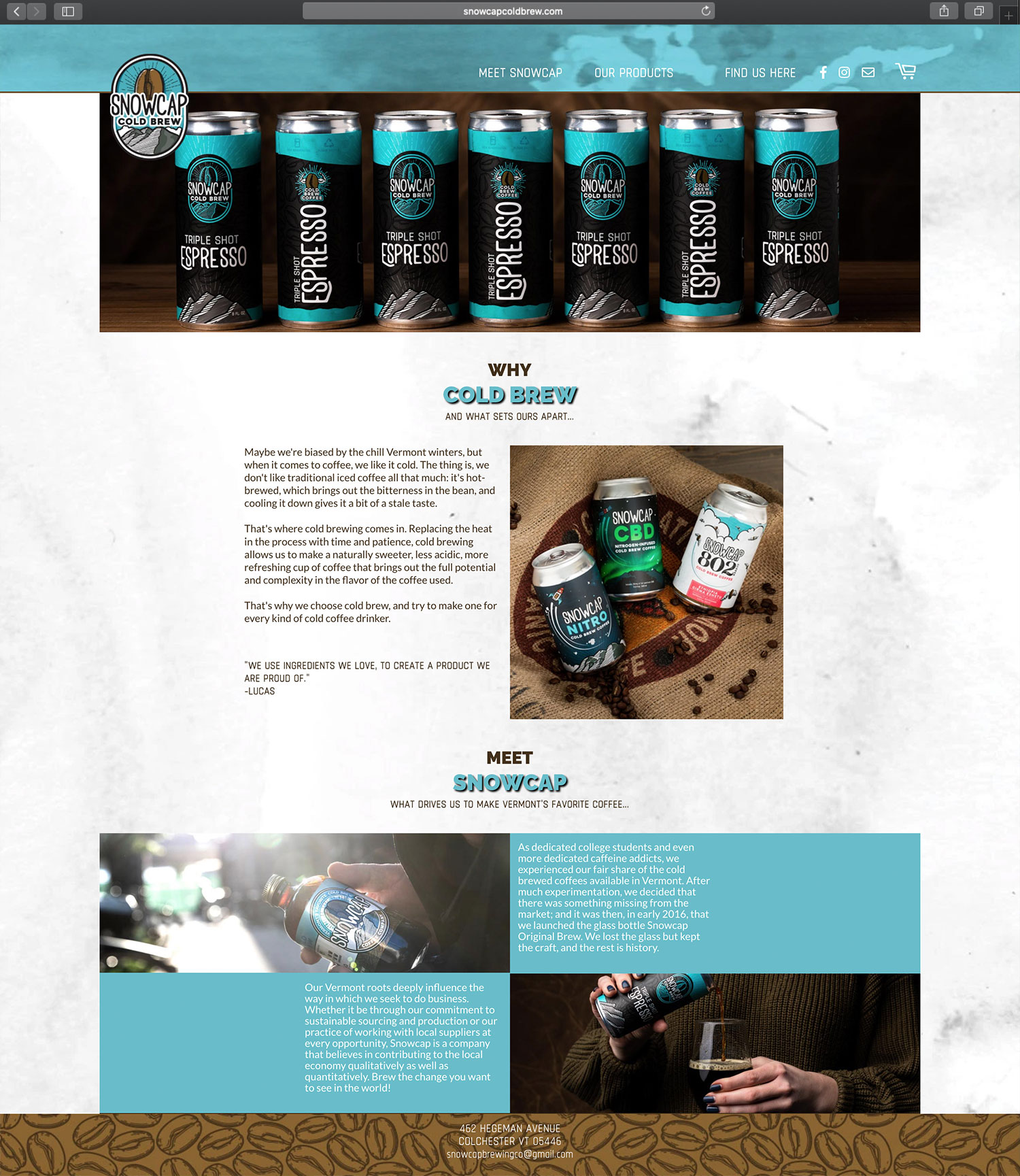 Website design and website development for Snowcap Coldbrew - secondary page view.