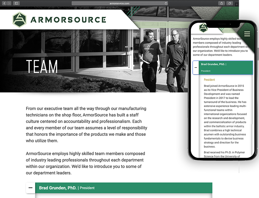 Website development for ArmorSource - desktop and mobile view.