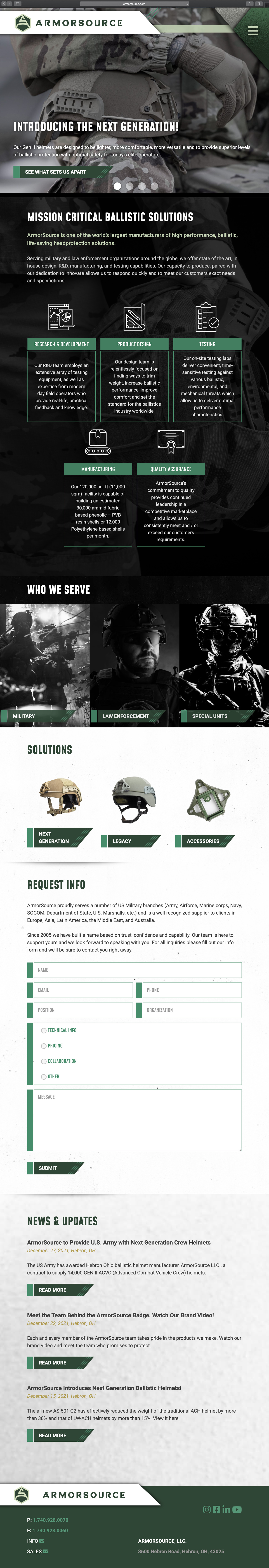 Website design and website development for ArmorSource - homepage view.