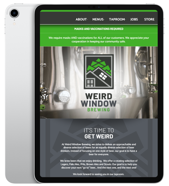 Website design for Weird Window Brewing - ipad view.