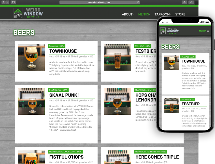 Website development for Weird Window Brewing - desktop and mobile view.
