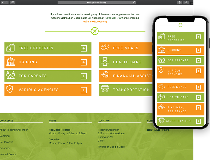 Website development for Feeding Chittenden - desktop and mobile view.