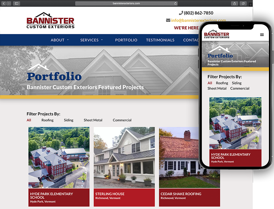 Website development for Bannister Roofing and Custom Exteriors - desktop and mobile view.