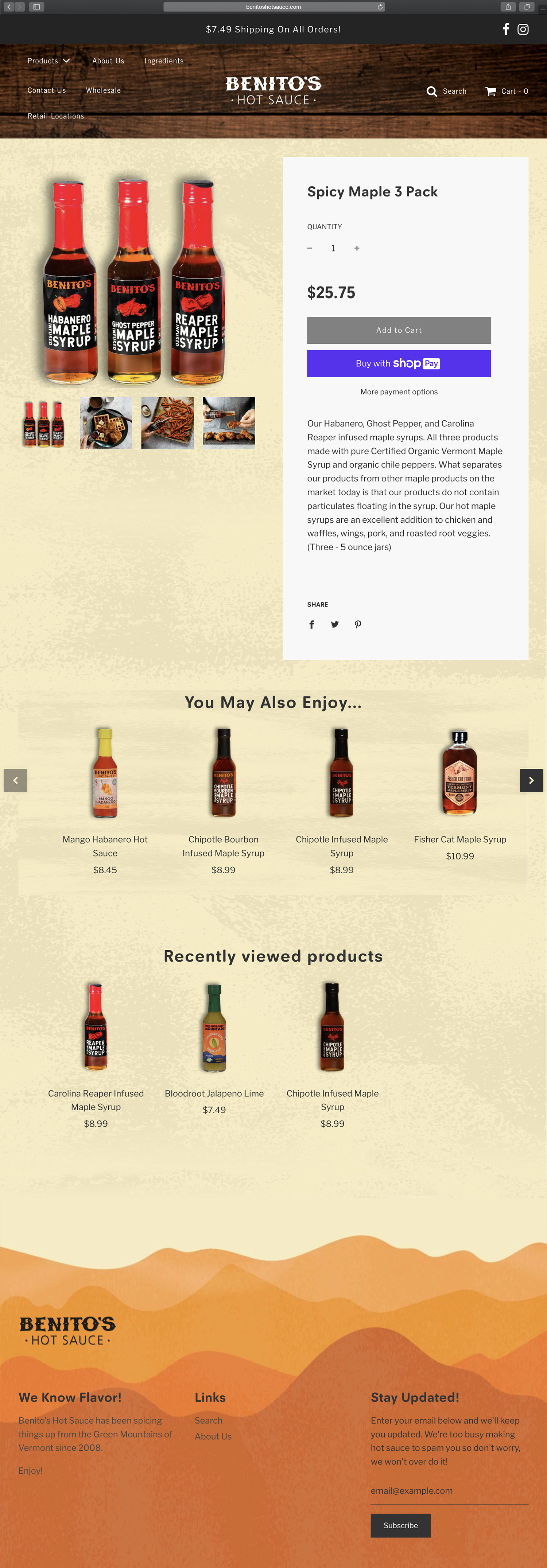 Website design and website development for Benitos - secondary page view.