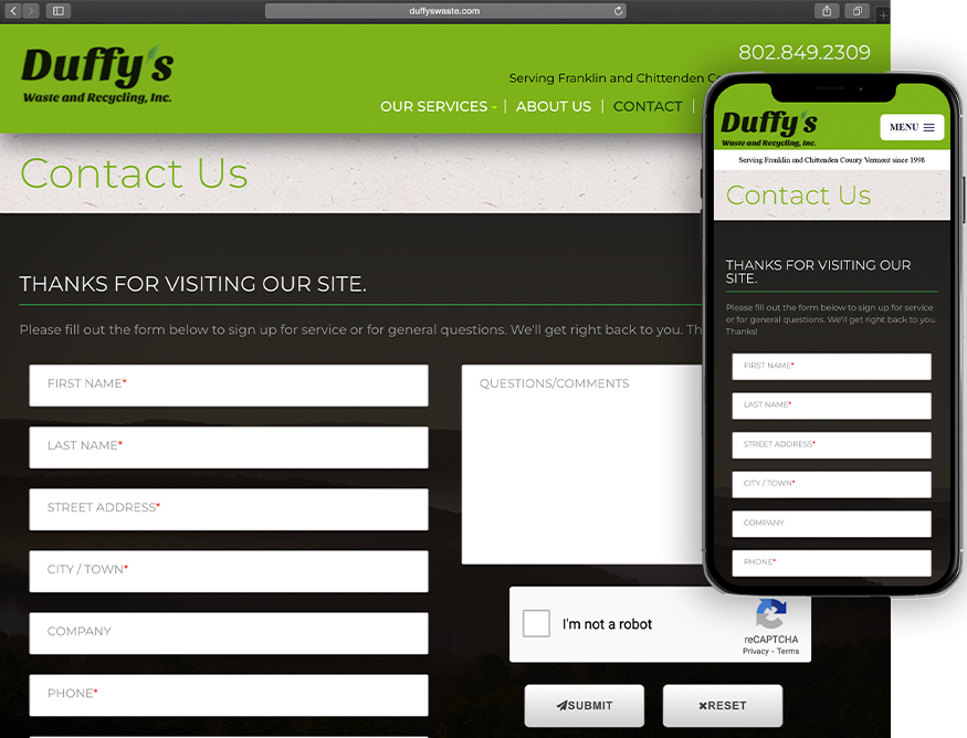 Website development for Duffy's - desktop and mobile view.