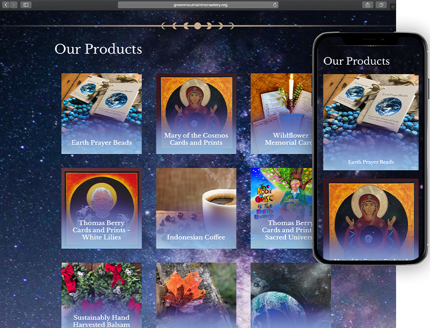 Website development for Green Mountain Monistary - desktop and mobile view.