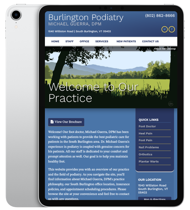 Website design for Burlington Podiatry - ipad view.