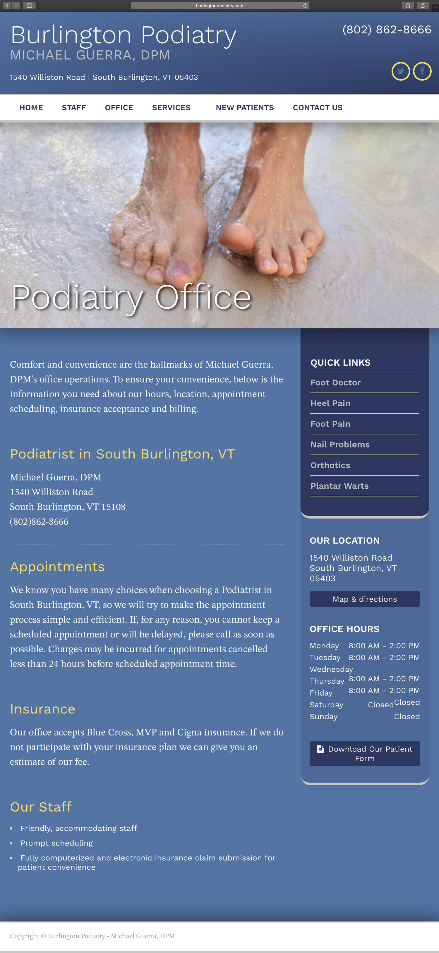 Website design and website development for Burlington Podiatry - secondary page view.