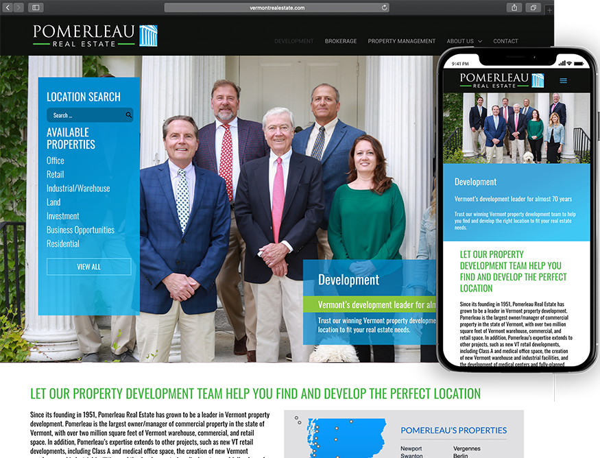 Website development for Pomerleau Real Estate - desktop and mobile view.