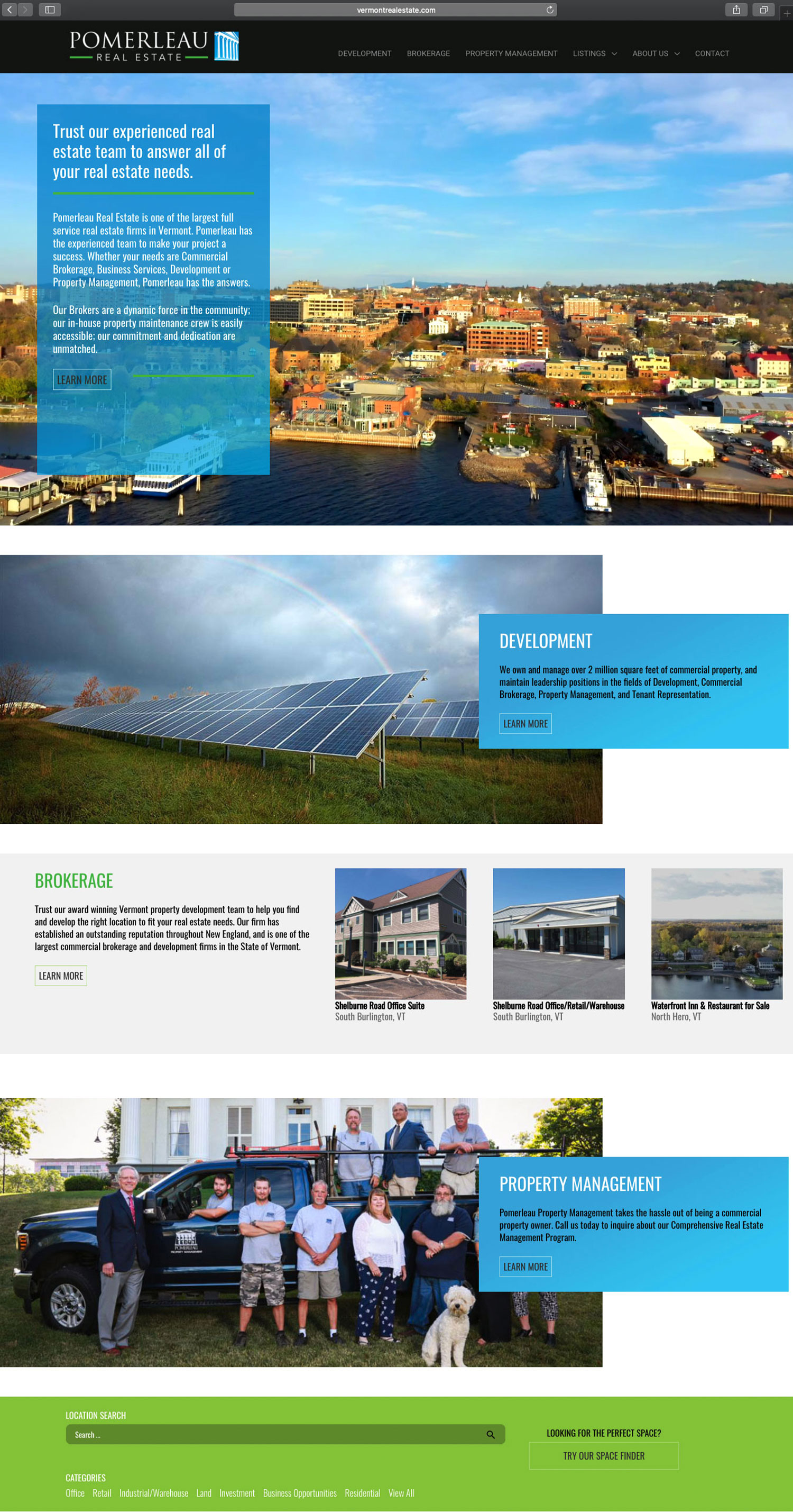 Website design and website development for Pomerleau Real Estate - homepage view.